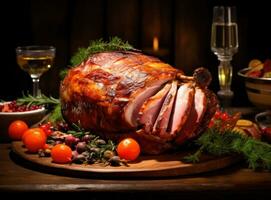 Christmas dinner with roasted ham photo