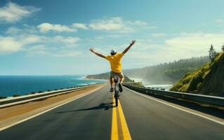 Cyclist riding down the road photo