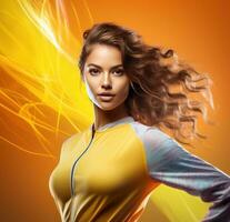 Young sport girl on yellow background photo