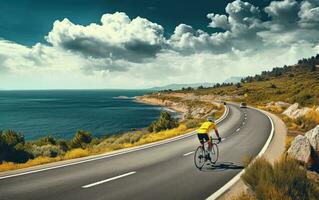 Cyclist riding down the road photo