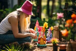 Woman coloring garden gnome photo