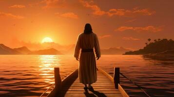 Jesús caminando hacia un canoa en el lago foto