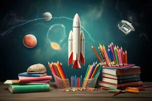 Start of school concept with rocket photo