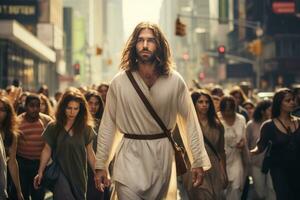 Jesús es en pie en un paso de peatones con un taxi. foto