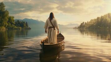 Jesus walking toward a canoe in the lake photo