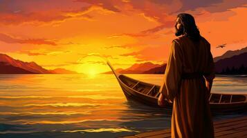 Jesus walking toward a canoe in the lake photo