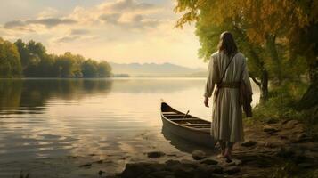 Jesus walking toward a canoe in the lake photo