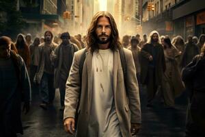 Jesus is standing in a crosswalk with a cab. photo