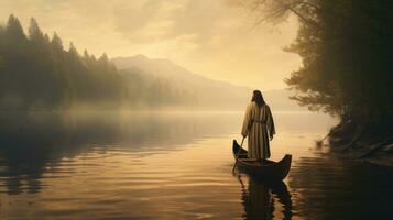 Jesus walking toward a canoe in the lake photo