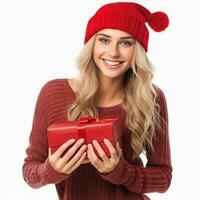 Happy woman in knitted hat with gift box isolated photo