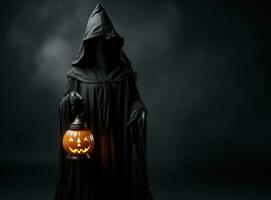 Witch with pumpkin lantern on dark background photo