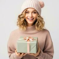 Happy woman in knitted hat with gift box isolated photo