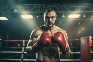 Professional boxer posing with his gloves on in the boxing ring photo