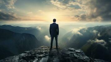 A business person standing on top of a mountain photo