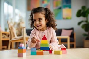 linda niño en el vivo habitación edificio con bloques en el habitación foto