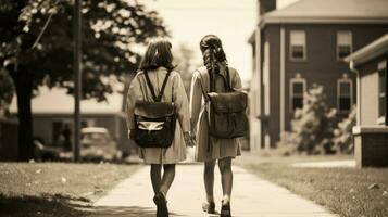 Two young girls are walking with their backpacks photo