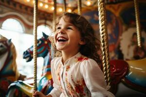 linda pequeño niña riendo a carnaval paseo foto