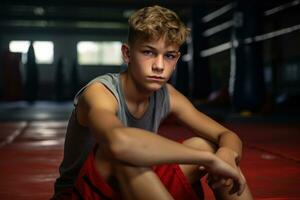 A boxer sits on the floor of the gym and looks at the camera photo