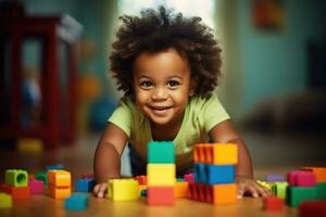 Cute kid in the living room building with blocks in the room photo