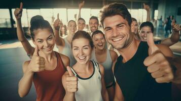 Sports club at work with some young people holding thumbs up photo