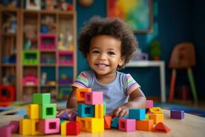 linda niño en el vivo habitación edificio con bloques en el habitación foto