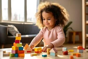 linda niño en el vivo habitación edificio con bloques en el habitación foto