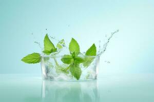 Glass of water with mint leaves photo