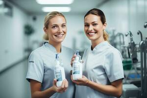 Smiling dentists holding hand sanitizer at dental center photo