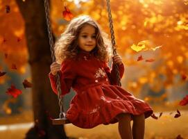 pequeño niña en otoño balanceo en el parque con algunos rojo y amarillo hojas foto