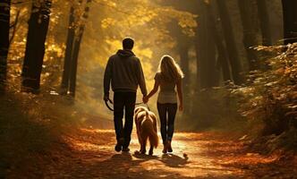 couple walking their dog in autumn park photo