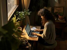 Woman in reading book in autumn photo