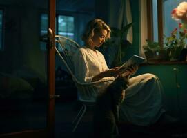 Woman in reading book in autumn photo