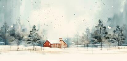 A watercolor illustration of a red farm house and pine trees photo