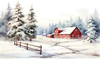A watercolor illustration of a red farm house and pine trees photo