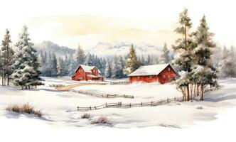 A watercolor illustration of a red farm house and pine trees photo