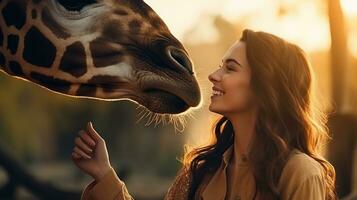 Happy young woman feeds giraffe photo