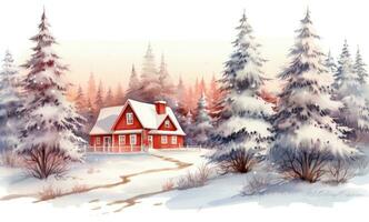 A watercolor illustration of a red farm house and pine trees photo