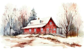 A watercolor illustration of a red farm house and pine trees photo