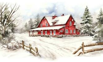 A watercolor illustration of a red farm house and pine trees photo