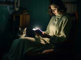 mujer en leyendo libro en otoño foto