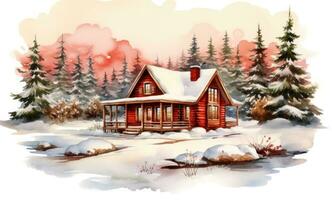 A watercolor illustration of a red farm house and pine trees photo