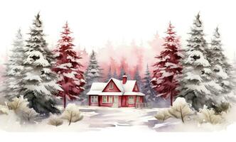 A watercolor illustration of a red farm house and pine trees photo