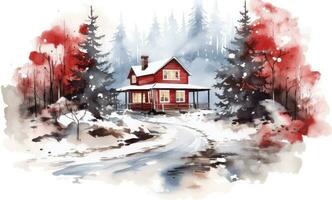 A watercolor illustration of a red farm house and pine trees photo