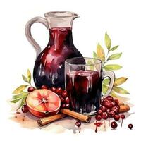 Watercolor mulled wine from a bottle with cinnamon, vanilla and apple photo