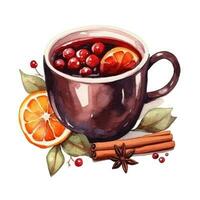 Watercolor mulled wine from a bottle with cinnamon, vanilla and apple photo