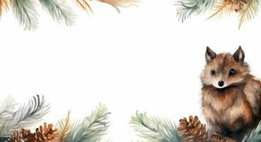 Christmas watercolor background with animal and pine cones photo