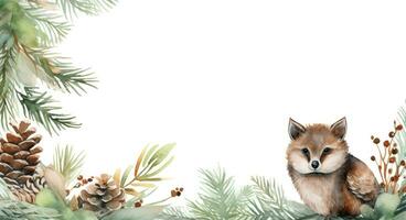 Christmas watercolor background with animal and pine cones photo