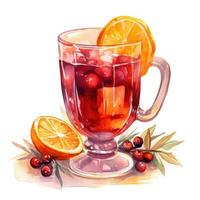 Watercolor mulled wine from a bottle with cinnamon, vanilla and apple photo