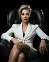 Woman in suit sitting in black chair photo