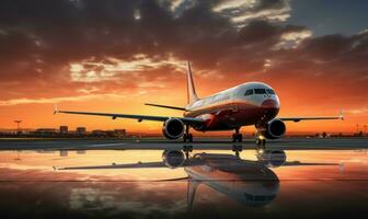 The sun is setting behind a plane on an airport photo